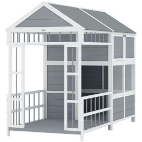 79"L Large Dog House Outdoor, Wooden Dog Kennel with Porch, Storage Cabinet,Weatherproof Roof, Windows
